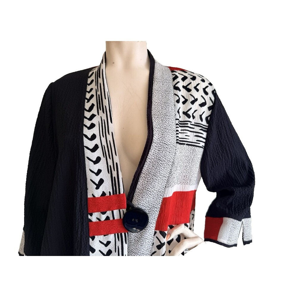 MOONLIGHT Jacket Top Black Geometric Print Asian Art to Wear 3/4 Sleeve Size M - Picture 4 of 7